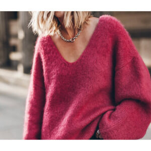 Mikuta Mohair Blend Sweater Large Womens The Pink Deep V Knitted Oversized Soft